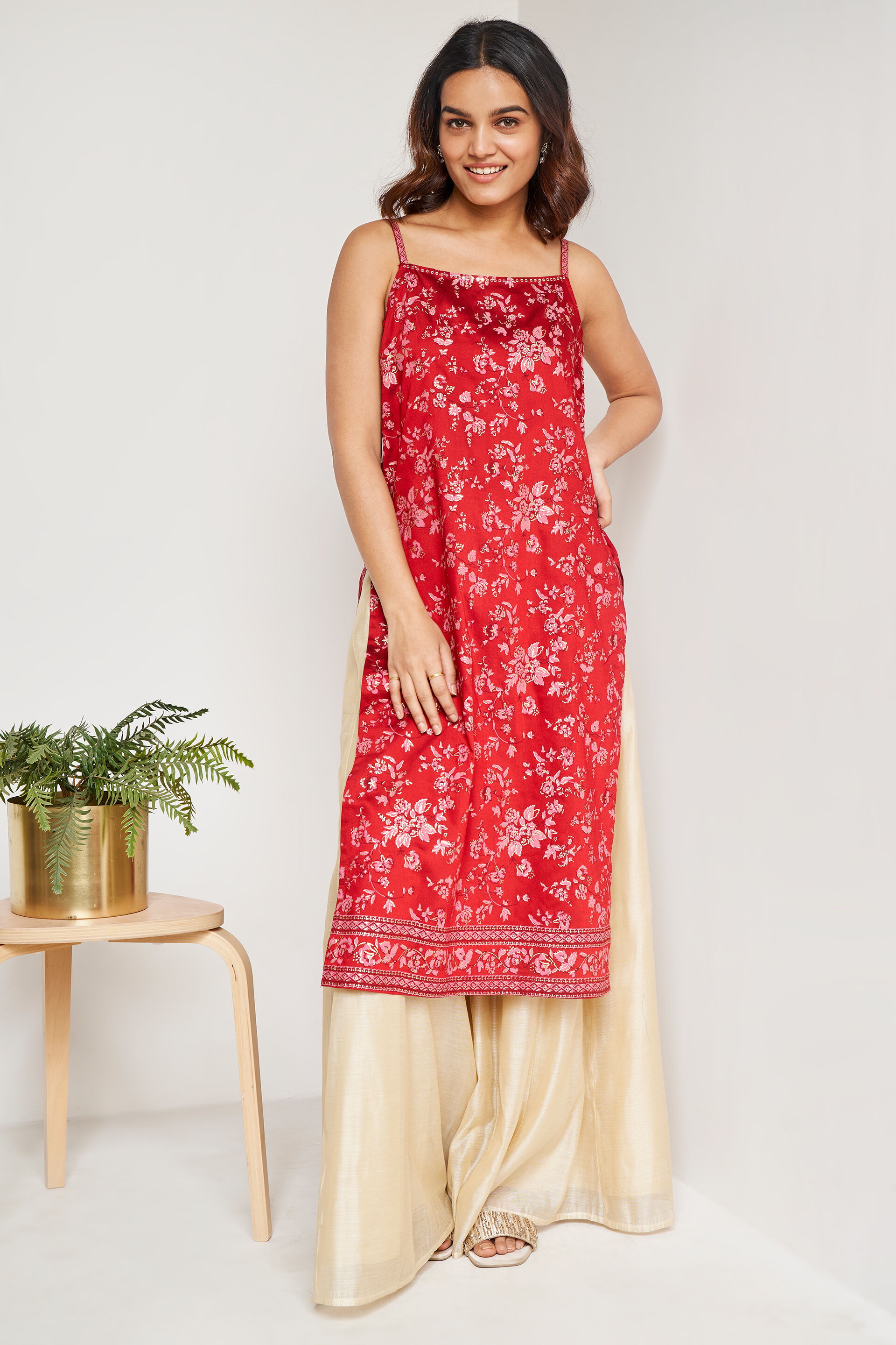 Red Floral Tie-Ups Straight Kurta, Red, image 2